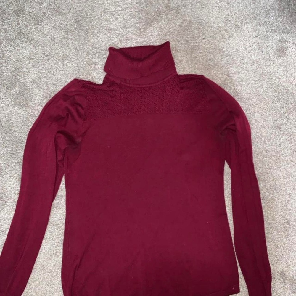 Maurice's Burgundy turtleneck sweater with lace detail on the neck, size M
